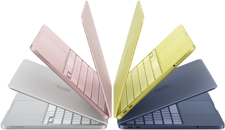 Portatili MacBook Neo nei colori argento, rosa pastello, giallo agrume e indaco, leggermente aperti e disposti a semicerchio