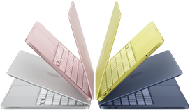 Portatili MacBook Neo nei colori argento, rosa pastello, giallo agrume e indaco, leggermente aperti e disposti a semicerchio