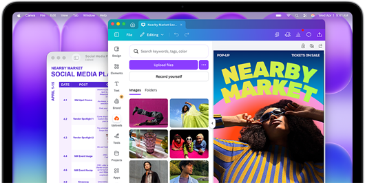 Display di MacBook Neo che mostra un social media plan colorato nell’app Anteprima e il progetto di un volantino per un mercato locale in Canva; entrambi hanno un aspetto spettacolare su questo display brillante