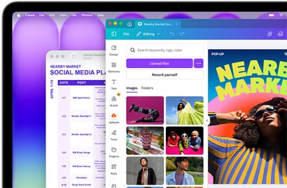 Display di MacBook Neo che mostra un social media plan colorato nell’app Anteprima e il progetto di un volantino per un mercato locale in Canva; entrambi hanno un aspetto spettacolare su questo display brillante