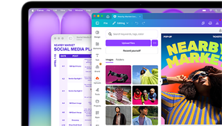 Display di MacBook Neo che mostra un social media plan colorato nell’app Anteprima e il progetto di un volantino per un mercato locale in Canva; entrambi hanno un aspetto spettacolare su questo display brillante