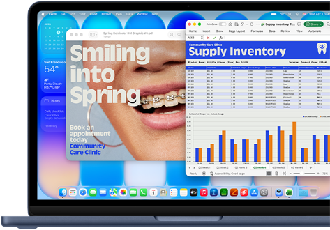 Schermata di MacBook Neo che mostra gli aggiornamenti automatici di macOS, la pubblicità di uno studio dentistico nell’app Anteprima e un’analisi dei costi del terzo trimestre in Excel