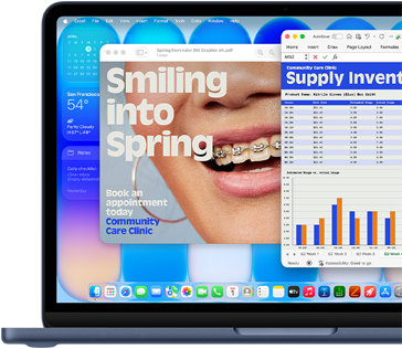 Schermata di MacBook Neo che mostra gli aggiornamenti automatici di macOS, la pubblicità di uno studio dentistico nell’app Anteprima e un’analisi dei costi del terzo trimestre in Excel