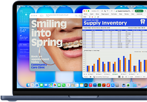 Schermata di MacBook Neo che mostra gli aggiornamenti automatici di macOS, la pubblicità di uno studio dentistico nell’app Anteprima e un’analisi dei costi del terzo trimestre in Excel