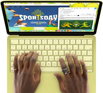 MacBook Neo giallo agrume, mani sulla tastiera, l’utente sta componendo un’email con l’invito a un evento sportivo, il sito web dell’evento è aperto accanto