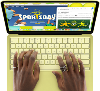 MacBook Neo giallo agrume, mani sulla tastiera, l’utente sta componendo un’email con l’invito a un evento sportivo, il sito web dell’evento è aperto accanto