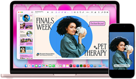 MacBook Neo rosa pastello accanto a un iPhone; la schermata di MacBook Neo mostra una presentazione sulla pet therapy con la foto di una persona che tiene in braccio un coniglio; la schermata dell’iPhone mostra la stessa foto trasformata in un adesivo da usare nella presentazione