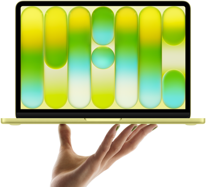 MacBook Neo giallo agrume in equilibrio sulla punta delle dita di una mano aperta, lo schermo mostra un motivo astratto colorato