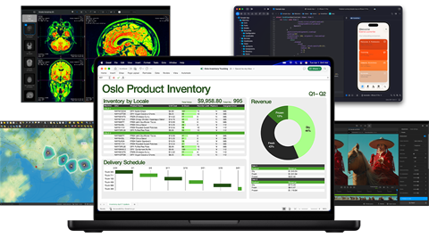 Mac con una serie di documenti di lavoro di Excel, Safari, analisi di dati e app per l’editing fotografico, per mettere in risalto le potenti prestazioni grafiche.