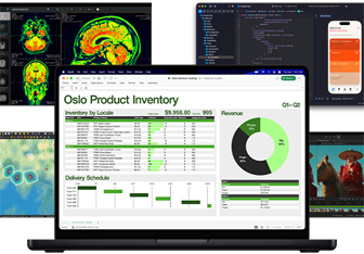 Mac con una serie di documenti di lavoro di Excel, Safari, analisi di dati e app per l’editing fotografico, per mettere in risalto le potenti prestazioni grafiche.