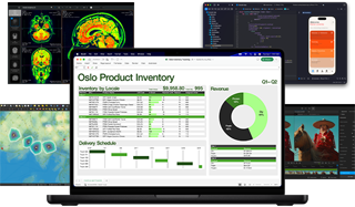 Mac con una serie di documenti di lavoro di Excel, Safari, analisi di dati e app per l’editing fotografico, per mettere in risalto le potenti prestazioni grafiche.