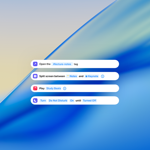 Notifiche di lavoro che mostrano gli appunti di una lezione, le opzioni per dividere lo schermo, Apple Music e la funzione Non disturbare su uno sfondo blu opaco con onde