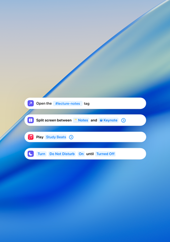 Notifiche di lavoro che mostrano gli appunti di una lezione, le opzioni per dividere lo schermo, Apple Music e la funzione Non disturbare su uno sfondo blu opaco con onde