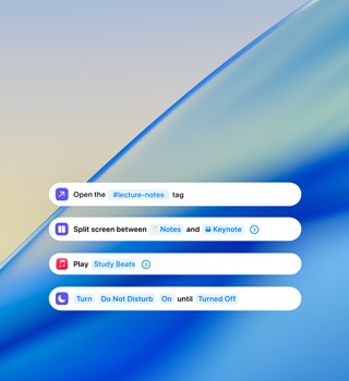 Notifiche di lavoro che mostrano gli appunti di una lezione, le opzioni per dividere lo schermo, Apple Music e la funzione Non disturbare su uno sfondo blu opaco con onde