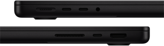 Le porte di MacBook Pro: lato sinistro, porta MagSafe 3, due porte Thunderbolt e jack cuffie; lato destro, slot SDXC card, una porta Thunderbolt e porta HDMI