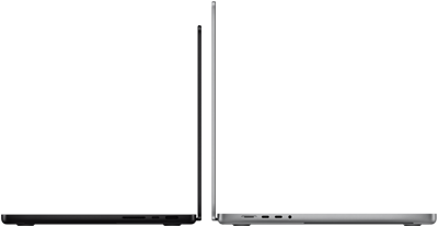 Due MacBook Pro da 14" e da 16" posizionati in modo da confrontarne le dimensioni e metterne in risalto il profilo sottile