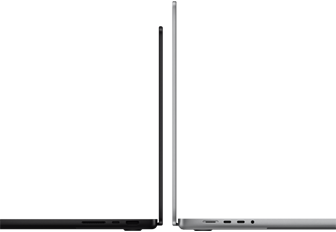 Due MacBook Pro da 14" e da 16" posizionati in modo da confrontarne le dimensioni e metterne in risalto il profilo sottile