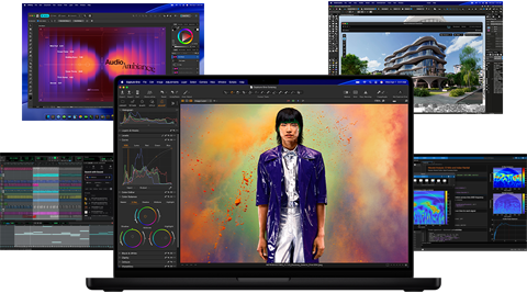 Una serie di schermate colorate provenienti da app per la produzione musicale, la grafica, l’animazione 3D e l’editing fotografico su Mac per mostrare le sue potenti prestazioni grafiche