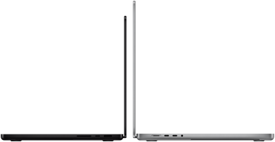 Due MacBook Pro da 14" e da 16" posizionati in modo da confrontarne le dimensioni e metterne in risalto il profilo sottile