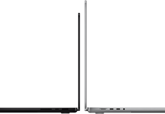 Due MacBook Pro da 14" e da 16" posizionati in modo da confrontarne le dimensioni e metterne in risalto il profilo sottile