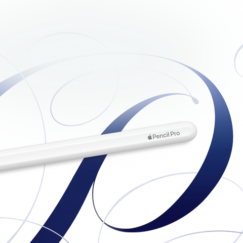 Apple Pencil Pro bianca su uno sfondo bianco con motivo a vortice blu