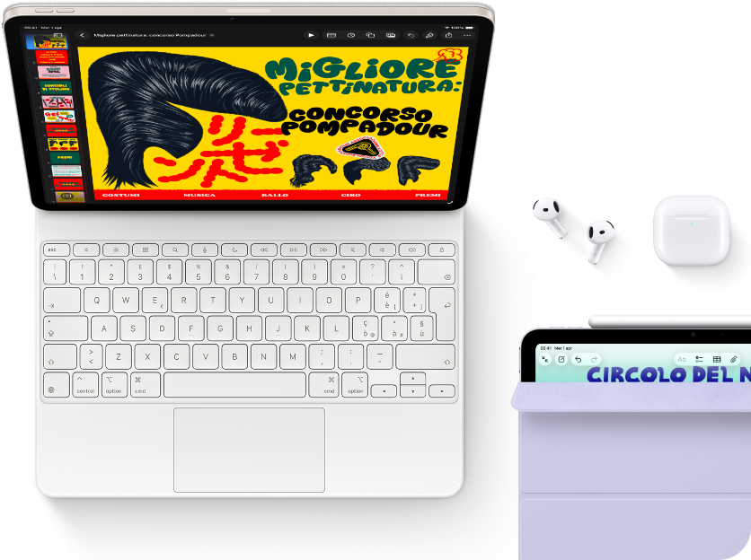 iPad Air color galassia agganciato a una Magic Keyboard, sullo schermo si notano immagini colorate, di lato sono appoggiati gli accessori AirPods Pro e Apple Pencil Pro