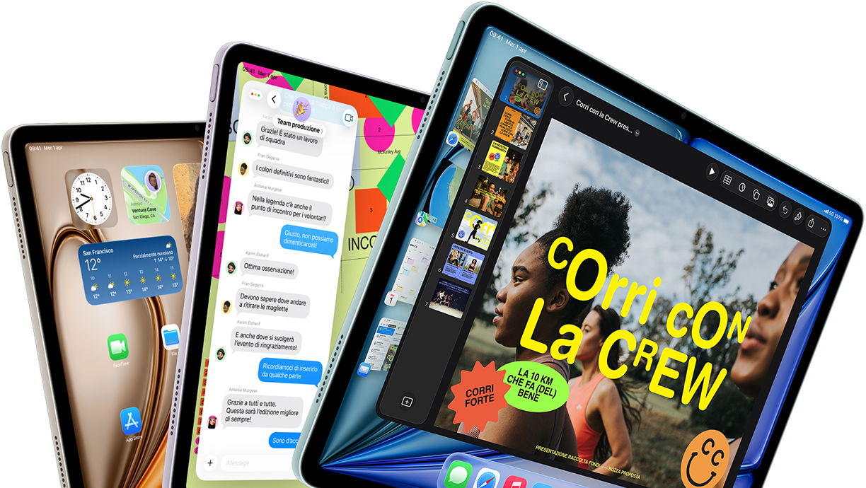 Tre iPad Air disposti a ventaglio nei colori blu, viola e galassia, mostrati di fronte e di lato, con le app Keynote, Messaggi e la schermata Home