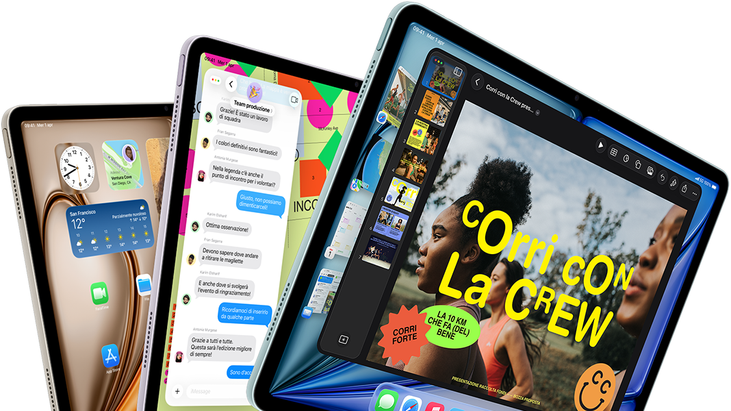 Tre iPad Air disposti a ventaglio nei colori blu, viola e galassia, mostrati di fronte e di lato, con le app Keynote, Messaggi e la schermata Home