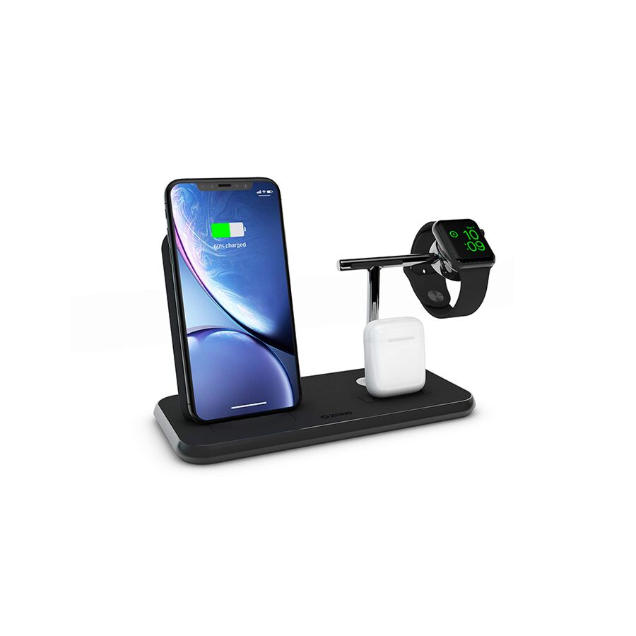 Dock di ricarica Qi di Zens con stand per iPhone con Lightning, Apple Watch, AirPods e USB-A