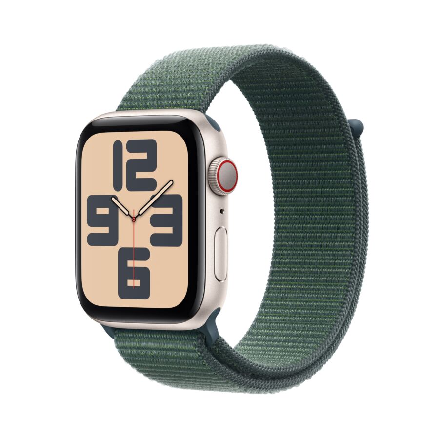 Apple Watch SE 2024 GPS + Cellular Cassa in Alluminio Galassia con Cinturino Sport Loop Verde Lago - 44mm