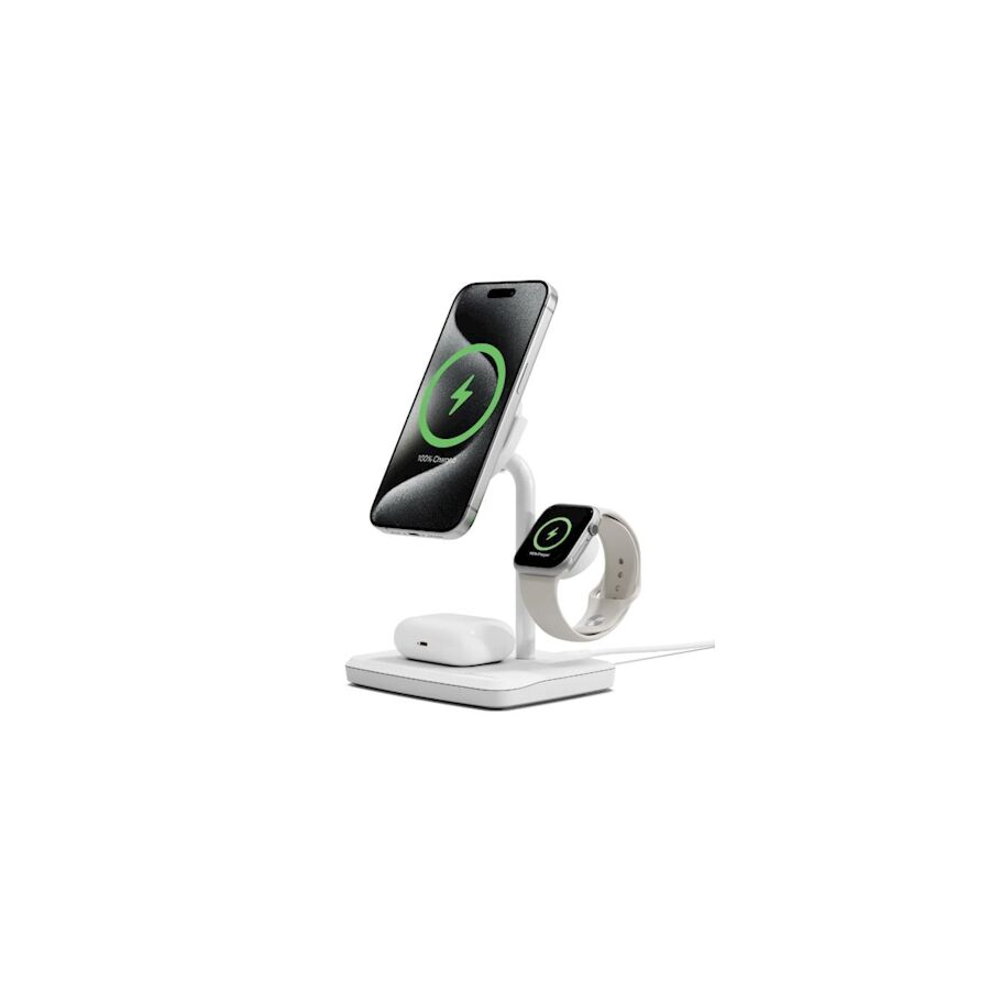 Base di ricarica wireless 3-in-1 Cygnett ChargeBase Qi2.0 per iPhone, AirPods e Apple Watch - Bianco