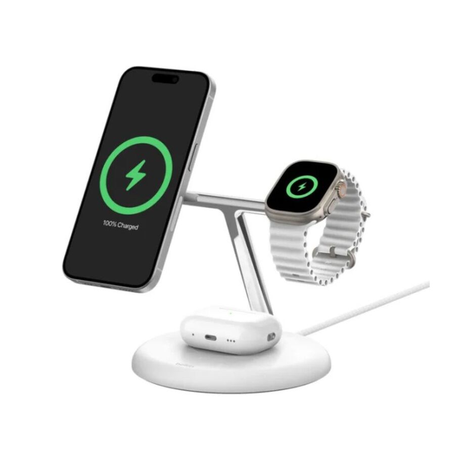 BoostCharge Pro Supporto di ricarica wireless 3 in 1 con tecnologia magnetica Qi2 (15 W) - Bianco