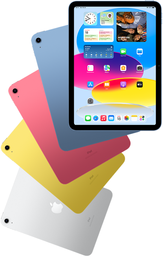 Vista anteriore di iPad che mostra la schermata Home, davanti a quattro iPad visti da dietro nei colori blu, rosa, giallo e argento.