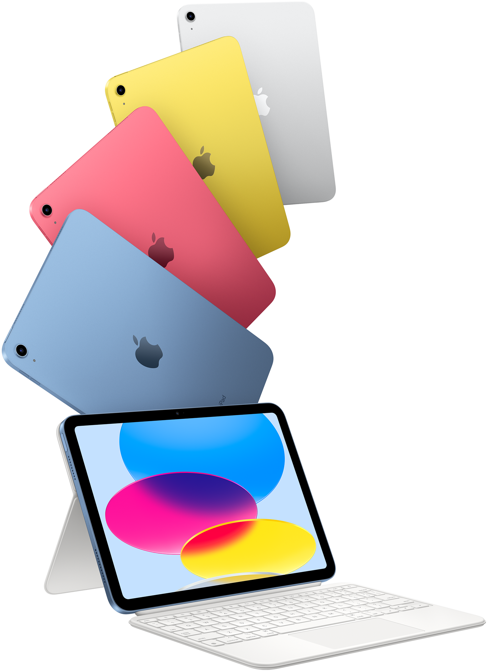 iPad nei colori blu, rosa, giallo e argento, e un iPad collegato alla Magic Keyboard Folio.