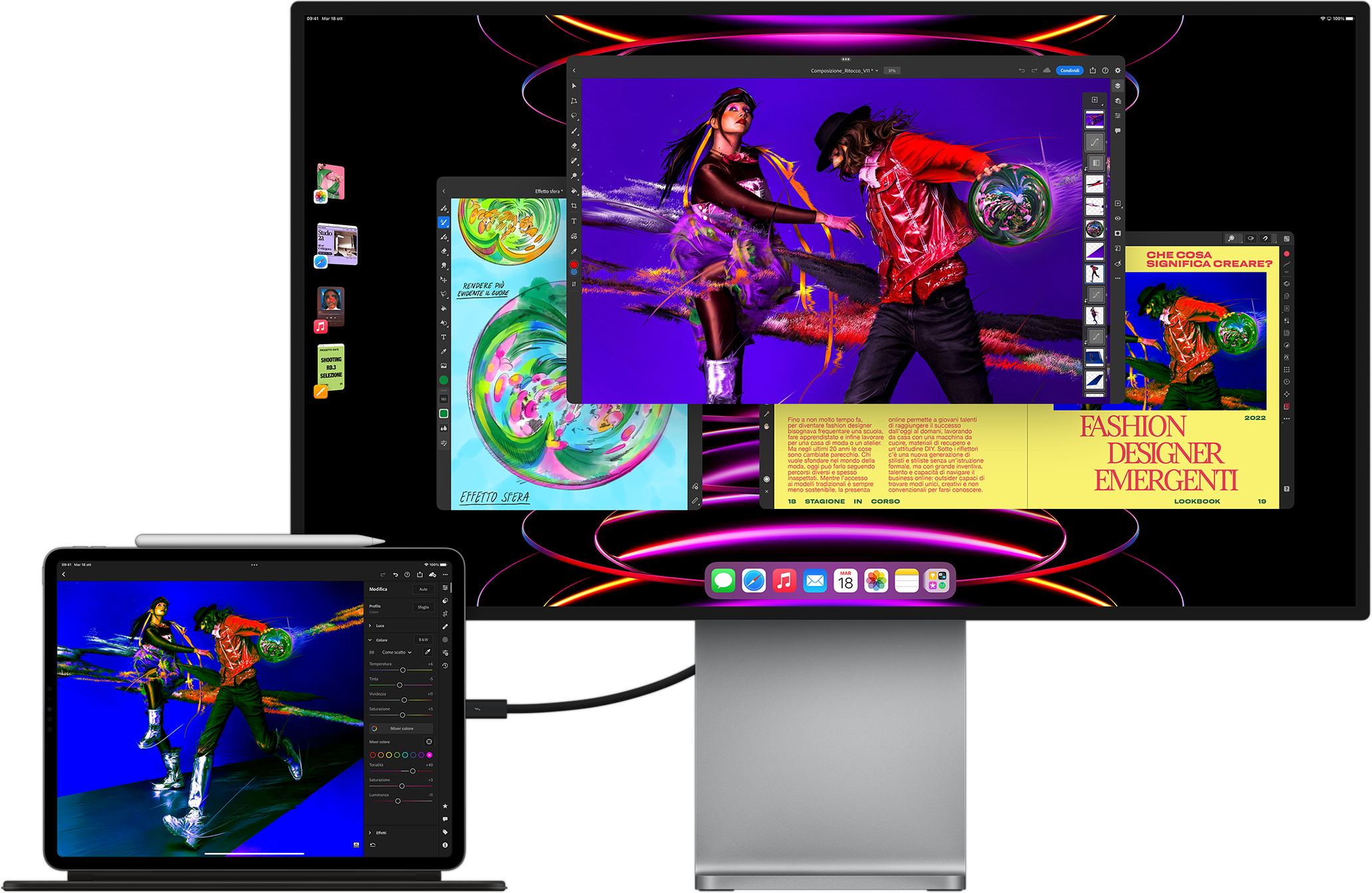 Un iPad Pro con l’app Adobe Lightroom collegato a un monitor esterno per mostrare il multitasking con Stage Manager