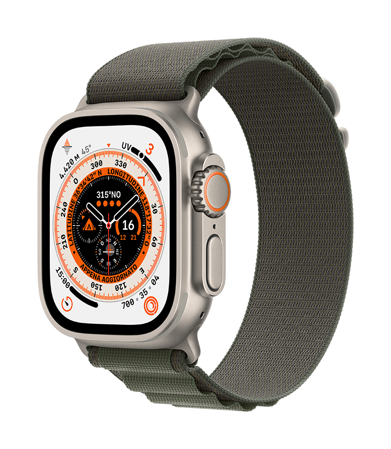 Apple_Watch_Ultra_Cellular_49mm_Titanium_Green_Alpine_Loop_34FR_Screen__ITIT