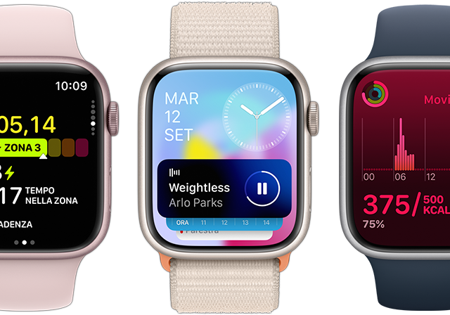 Vista frontale di tre Apple Watch che mostrano quante informazioni in più appaiono sul display grazie all’aggiornamento di watchOS 10.
